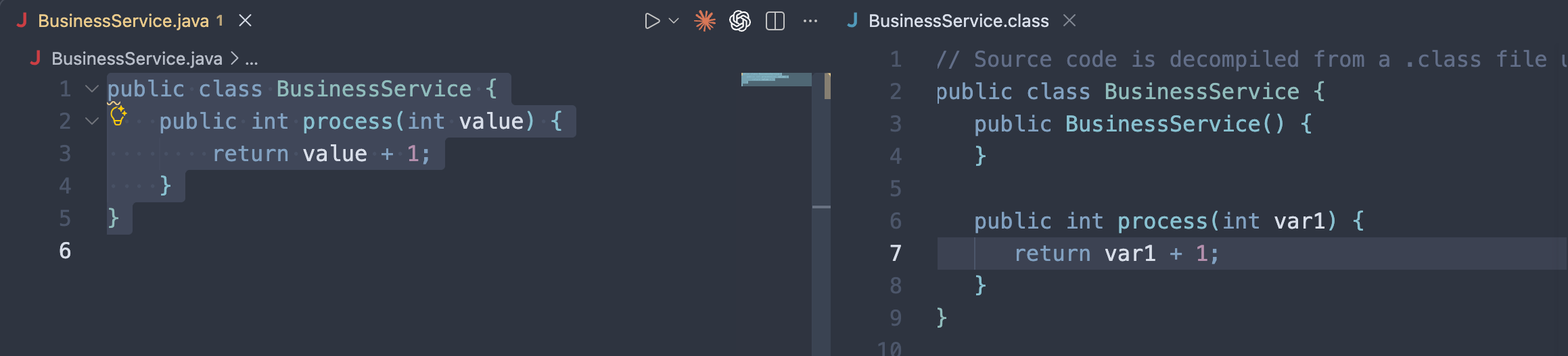BusinessService 的 javap 字节码反汇编结果