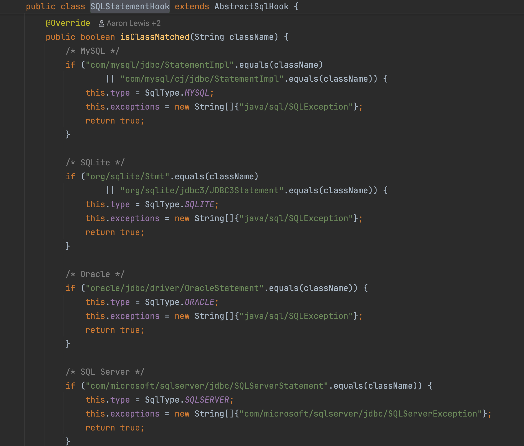 SQLStatementHook 的 JDBC 驱动类匹配代码