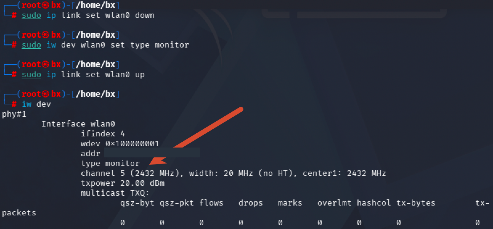 切换后 iw dev 显示 wlan0 的 type 为 monitor