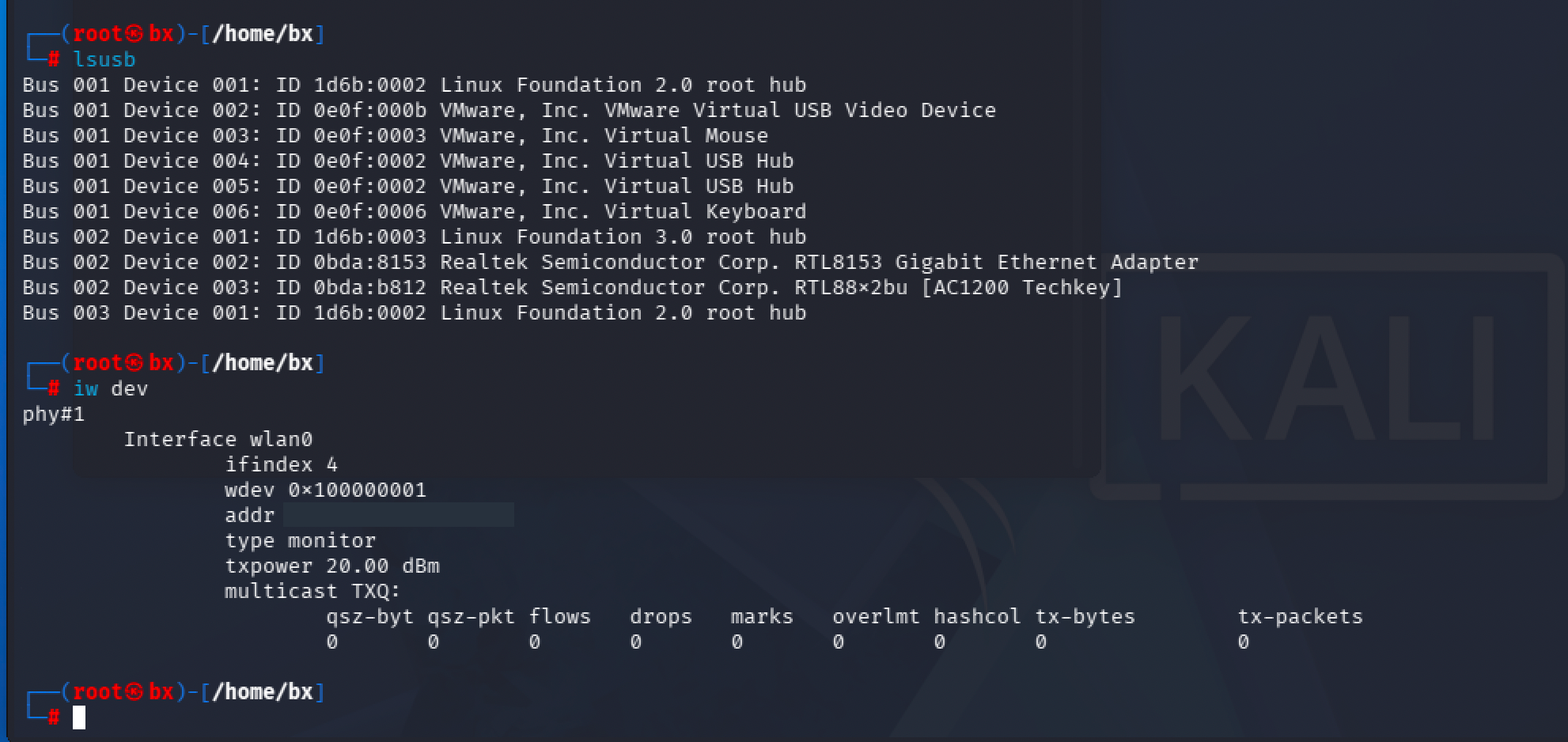 Kali 中的 lsusb 与 iw dev:0bda:b812 无线设备,wlan0 处于 monitor 模式